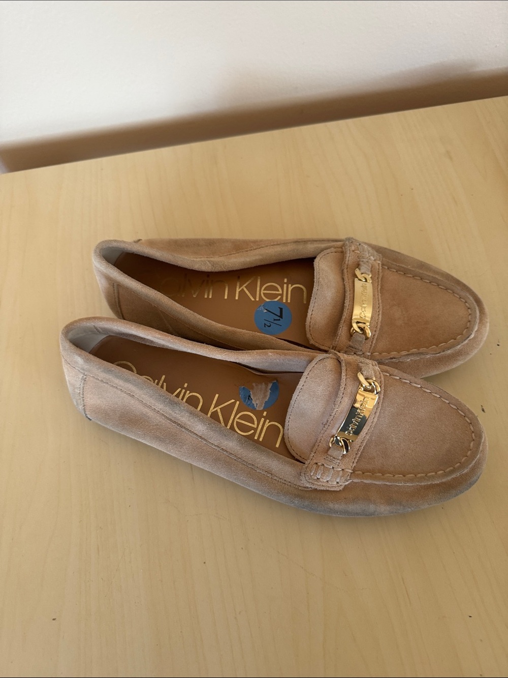 Calvin Klein Women's Tan Suede Loafers with Gold-Tone Hardware